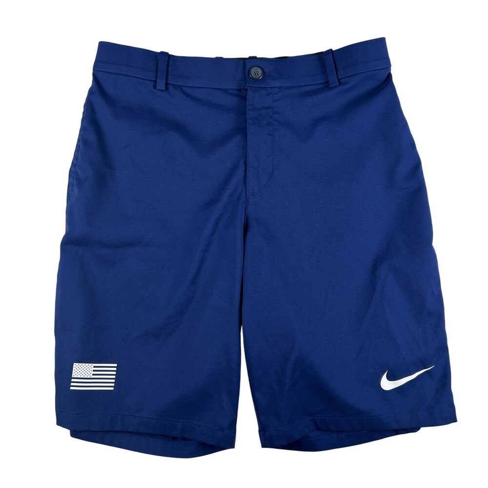 Nike Dri-FIT Shorts Mens 32 Blue USA Golf 9" Pockets Swoosh Patriotic Flag
